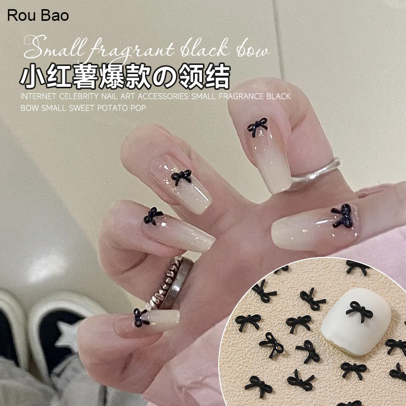 Rou Bao 50 ชิ้นเล็บภาษาฝรั่งเศสคําสีดํา Mini Bow Girly 3D เรซิ่นเล็บ Art DIY Charms ตกแต่ง