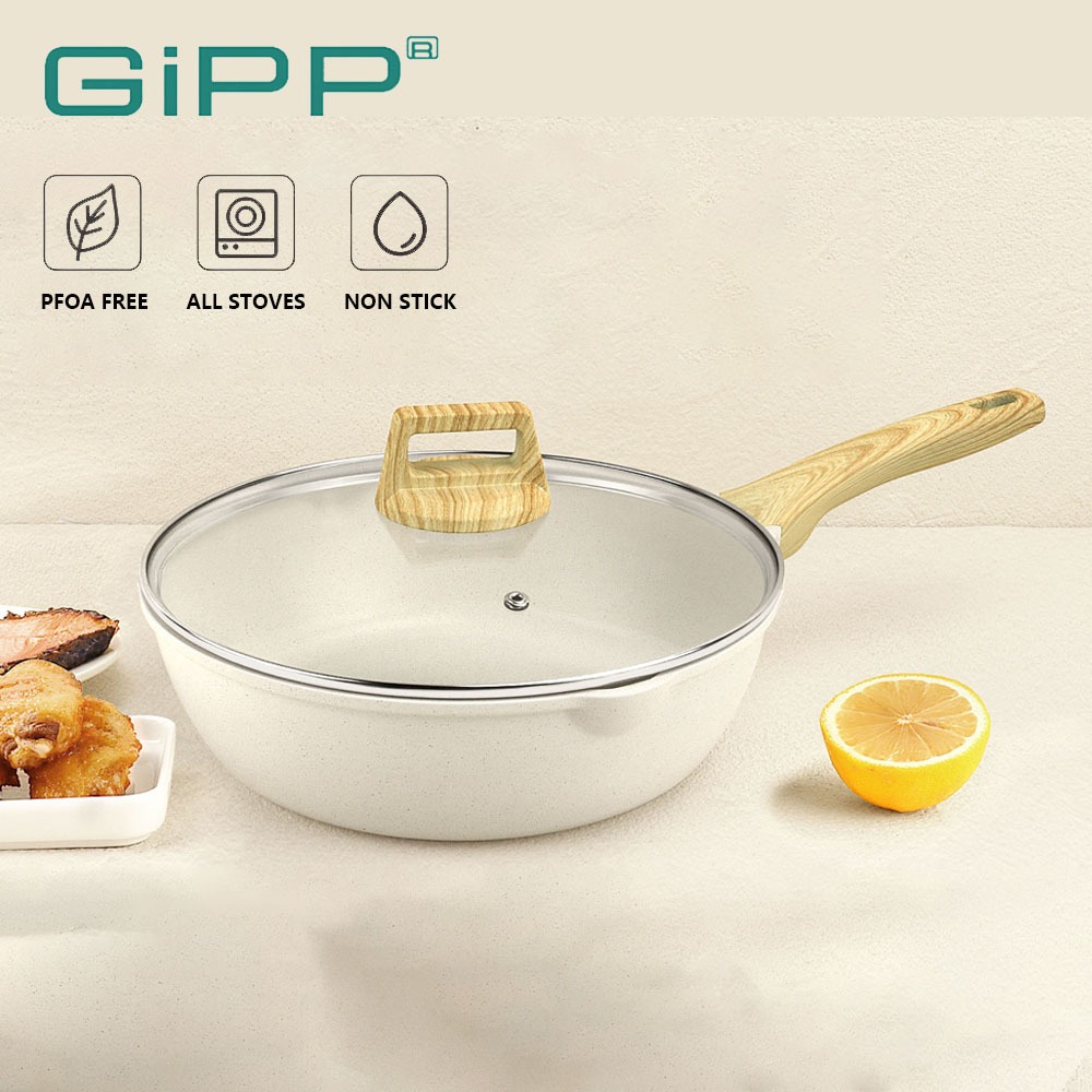 GiPP กระทะก้นลึกไม่ติดกระทะ 24/28ซม. กระทะขนาดใหญ่ กระทะดั้งเดิมไม่ติดกระทะพร้อมฝาปิดเหมาะสําหรับเตาทุก