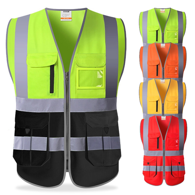 Hi Vis เสื้อสะท้อนแสงเพื่อความปลอดภัยสําหรับผู้ชายเสื้อกั๊กการมองเห็นสูงพร้อมกระเป๋าเครื่องแต่งกายเพื่อความปลอดภัยการก่อสร้างเสื้อกั๊กนีออน