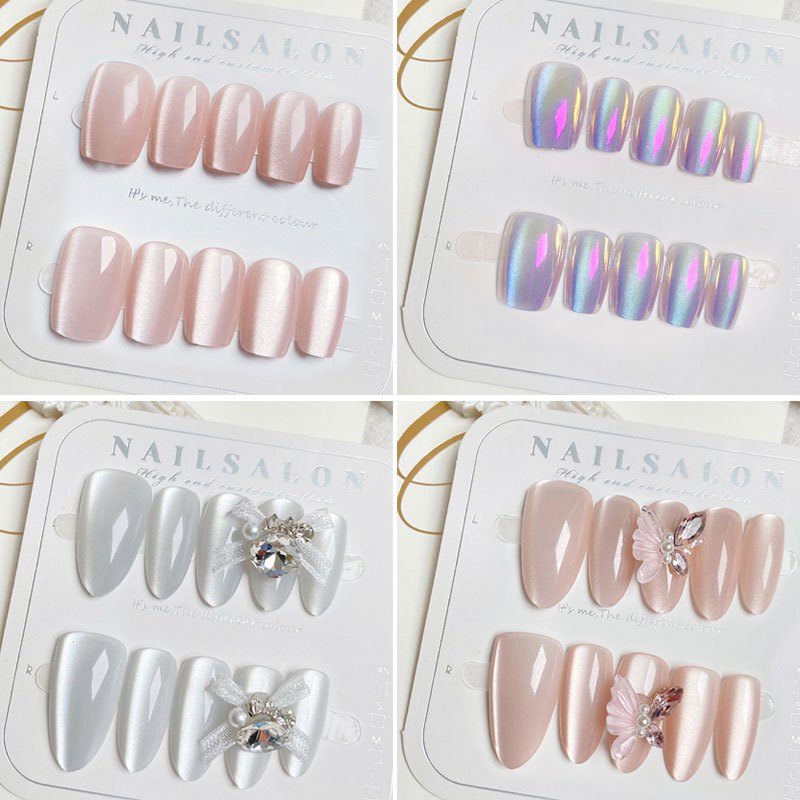 Ur SUGAR สีหวานแมวตาทําด้วยมือกดบนเล็บเต็มปกผีเสื้อออกแบบฝรั่งเศสอัลมอนด์เล็บเล็บปลอมเคล็ดลับ