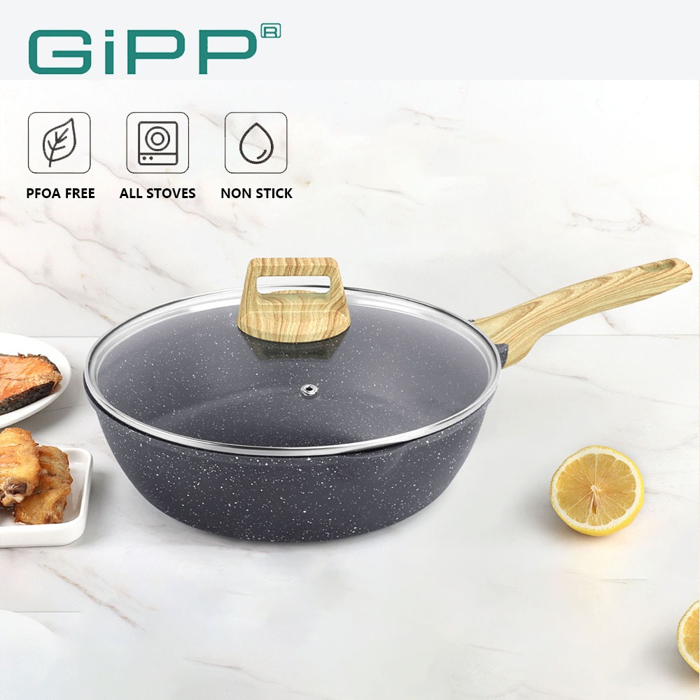 GIPP Non-Stick กระทะลึก 24/28 ซม. พร้อมฝาปิด PFOA ฟรีเหมาะสําหรับเตาตั้งพื้นทั้งหมด