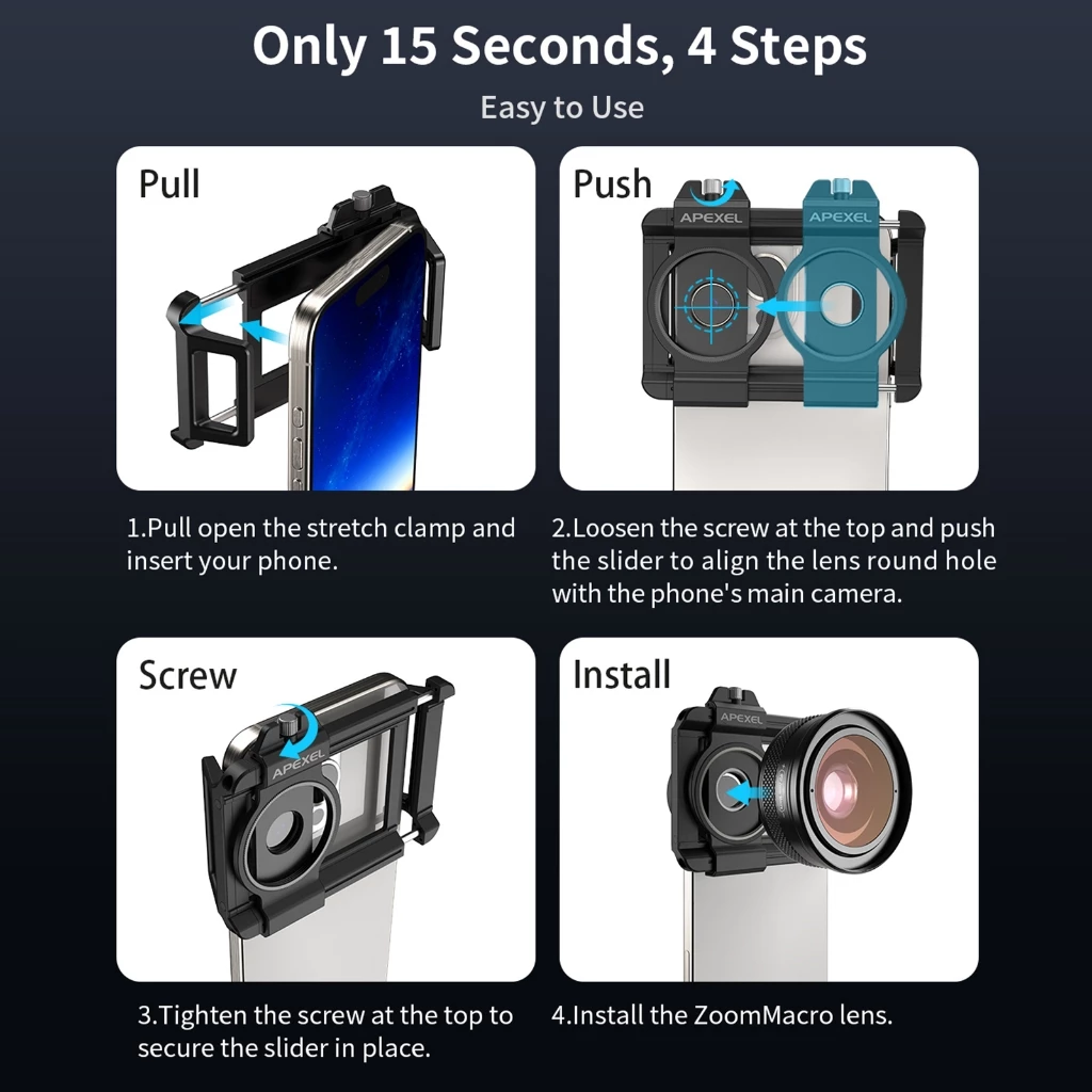 Apexel APL-ZM100 Universal Macro เลนส์สําหรับโทรศัพท์อลูมิเนียม 10X-20X ขยาย F1.05 รูรับแสงขนาดใหญ่พร้อมโทรศัพท์สําหรับ iephone 15/14/13/12 สมาร์ทโฟน Android thumbnail 4