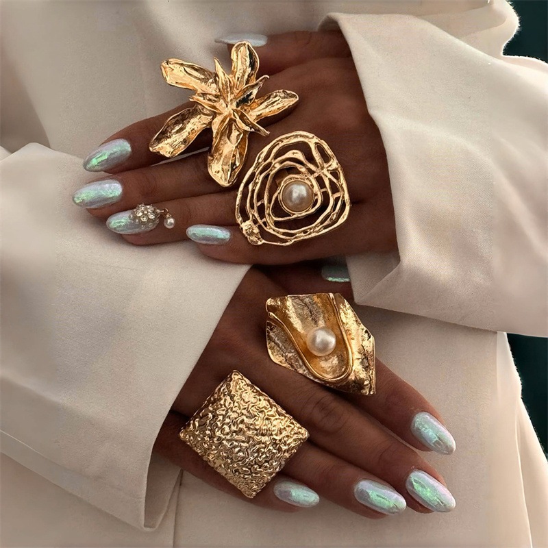 แฟชั่น Retro เรขาคณิต Statement แหวน Adjustabl Pearl Finger แหวนผู้หญิงเครื่องประดับ Vintage ของขวัญ 18k Gold Plated