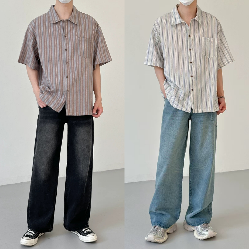 ProMan-เสื้อเชิ้ตวินเทจสไตล์ญี่ปุ่น  ลายทาง  ลำลองแมทช์ลุคง่าย  แบบหลวม