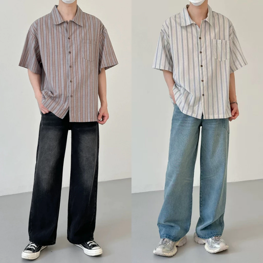 ProMan-เสื้อเชิ้ตวินเทจสไตล์ญี่ปุ่น ลายทาง ลำลองแมทช์ลุคง่าย แบบหลวม
