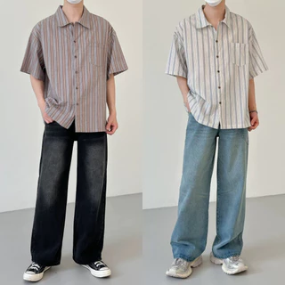 ProMan-เสื้อเชิ้ตวินเทจสไตล์ญี่ปุ่น ลายทาง ลำลองแมทช์ลุคง่าย แบบหลวม