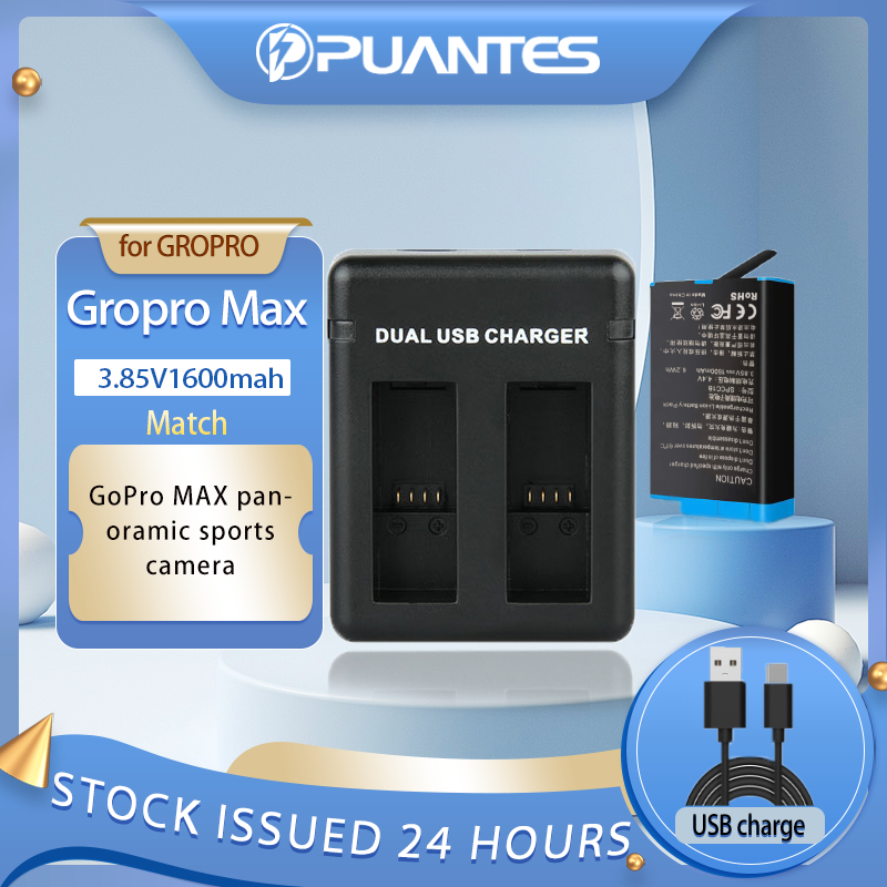 Puantes Gopro Max แบตเตอรี่กล้องกีฬาแบบพาโนรามา + เครื่องชาร์จช่องคู่ USB Gopro Hero Max