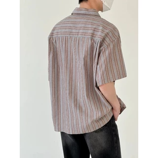 ProMan-เสื้อเชิ้ตวินเทจสไตล์ญี่ปุ่น ลายทาง ลำลองแมทช์ลุคง่าย แบบหลวม