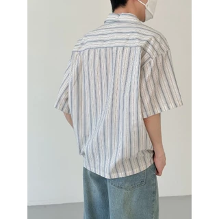 ProMan-เสื้อเชิ้ตวินเทจสไตล์ญี่ปุ่น ลายทาง ลำลองแมทช์ลุคง่าย แบบหลวม
