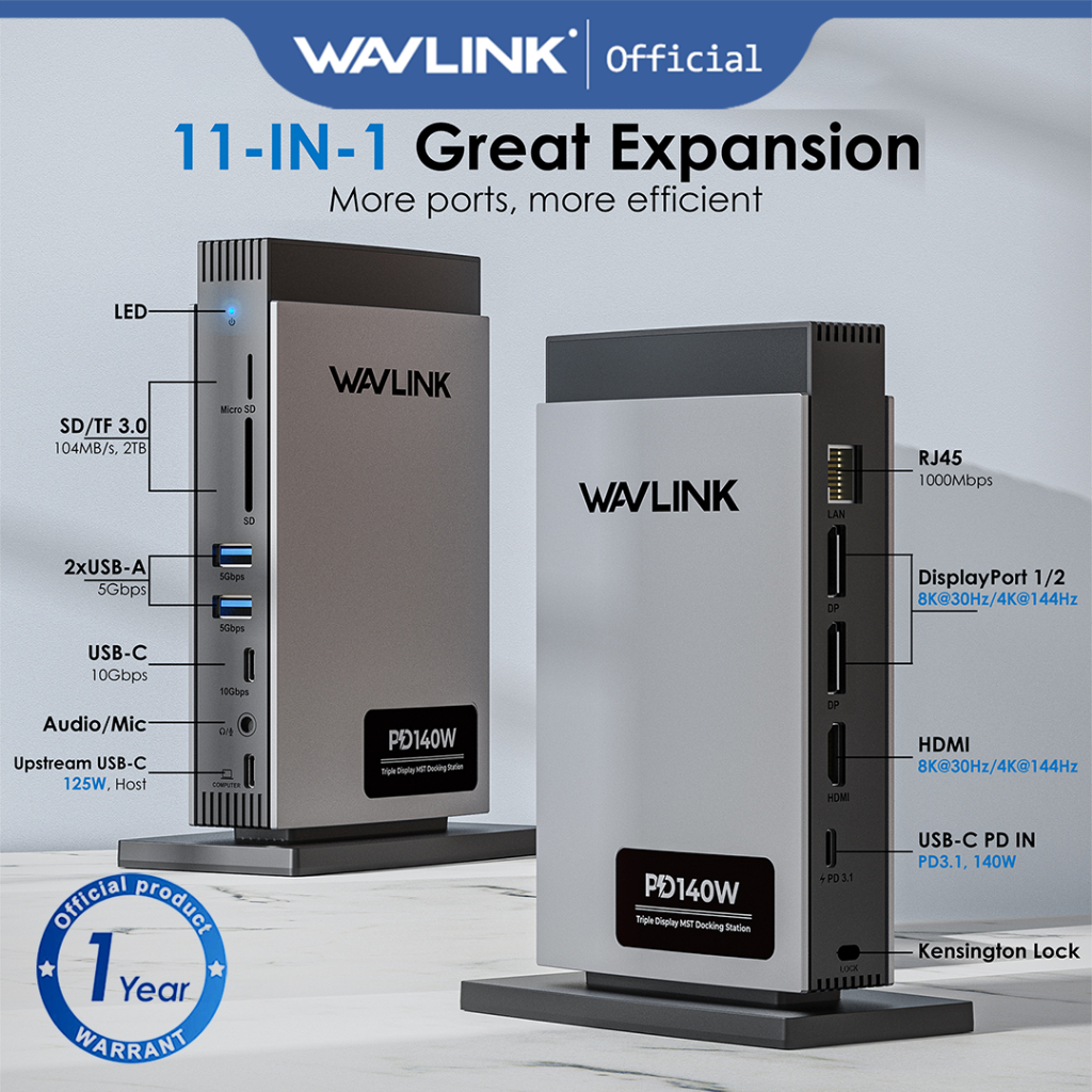 Wavlink PD3.1 Triple Display USB C Docking Station พร้อมพลังงาน 140W, Triple Display Dock พร้อม 8K 4K 144HZ RJ45, 10G USB-C, 2 USB 3.0, SD/TF Slot, Audio/Mic