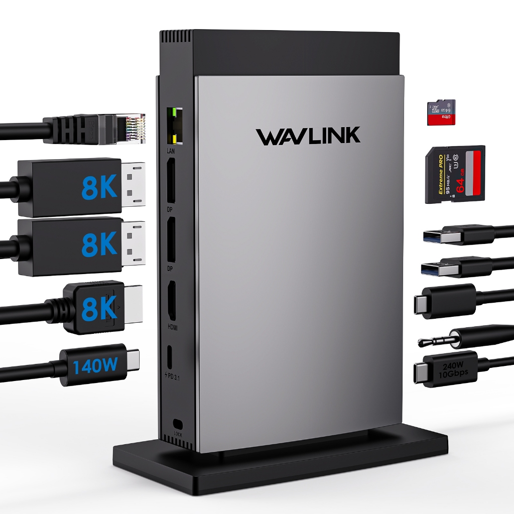 Wavlink PD3.1 Triple Display USB C Docking Station พร้อมพลังงาน 140W, Triple Display Dock พร้อม 8K 4K 144HZ RJ45, 10G USB-C, 2 USB 3.0, SD/TF Slot, Audio/Mic