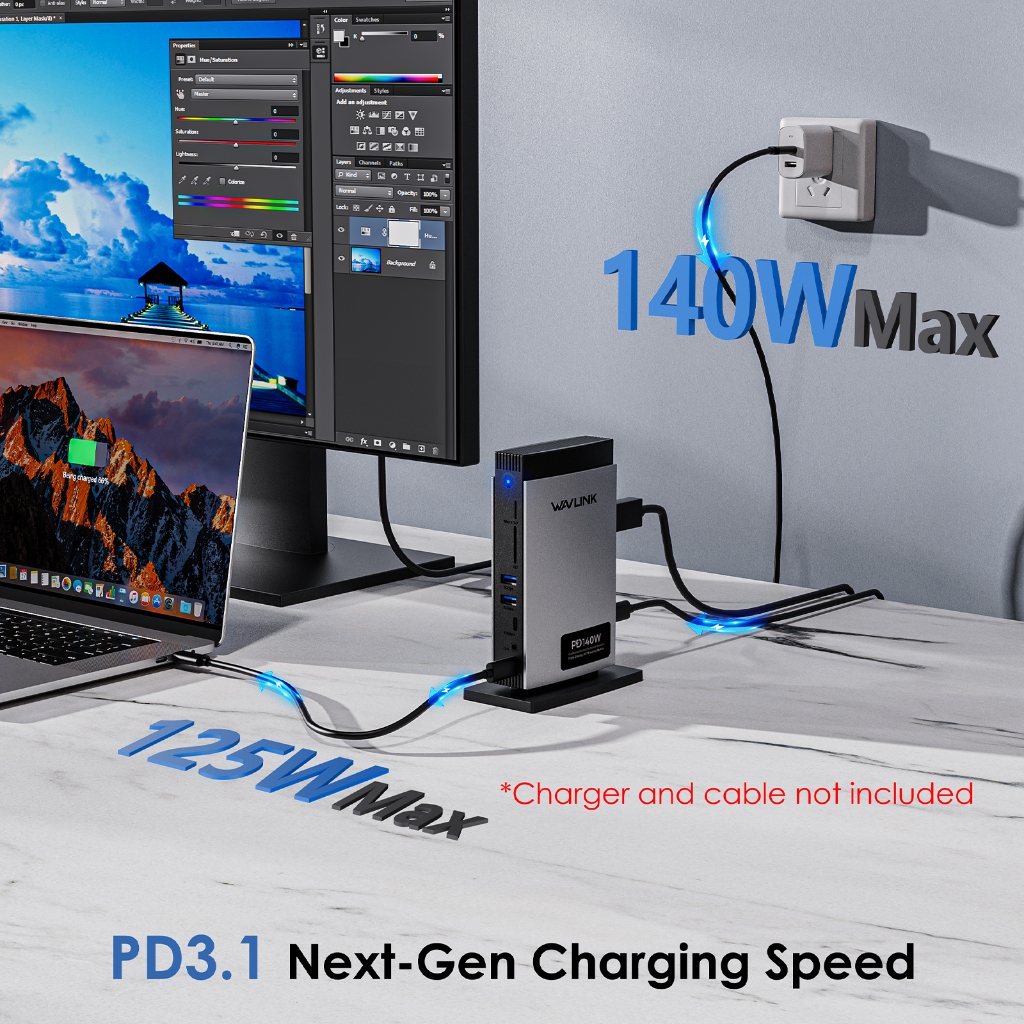 Wavlink PD3.1 Triple Display USB C Docking Station พร้อมพลังงาน 140W, Triple Display Dock พร้อม 8K 4K 144HZ RJ45, 10G USB-C, 2 USB 3.0, SD/TF Slot, Audio/Mic