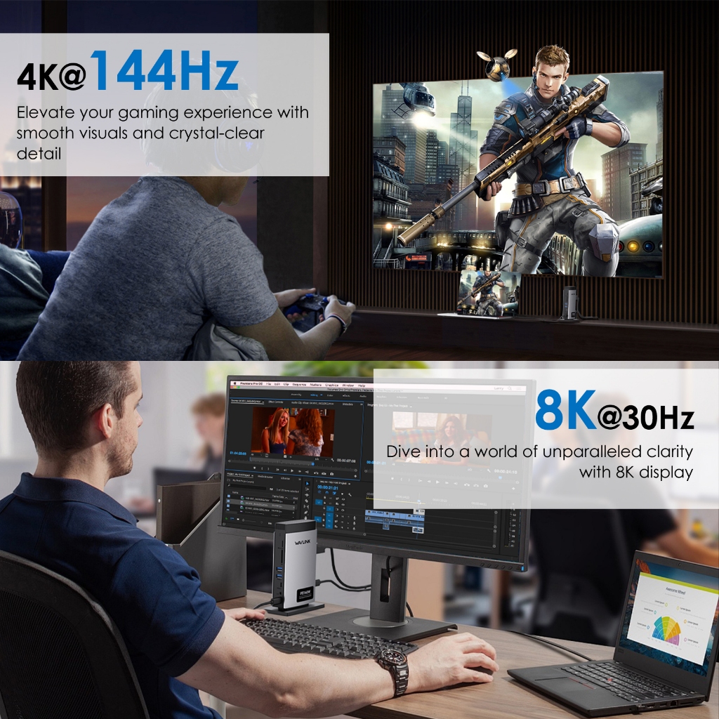 Wavlink PD3.1 Triple Display USB C Docking Station พร้อมพลังงาน 140W, Triple Display Dock พร้อม 8K 4K 144HZ RJ45, 10G USB-C, 2 USB 3.0, SD/TF Slot, Audio/Mic
