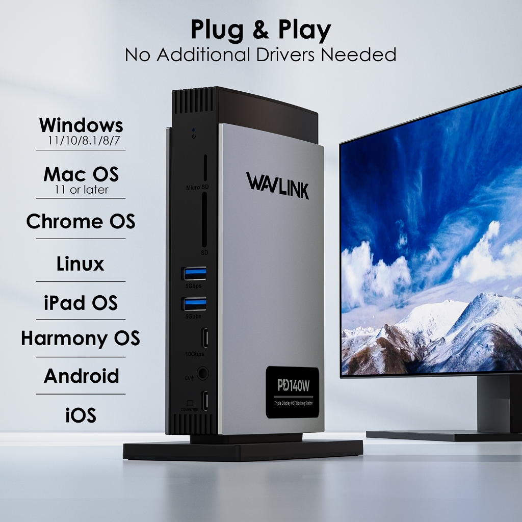 Wavlink PD3.1 Triple Display USB C Docking Station พร้อมพลังงาน 140W, Triple Display Dock พร้อม 8K 4K 144HZ RJ45, 10G USB-C, 2 USB 3.0, SD/TF Slot, Audio/Mic