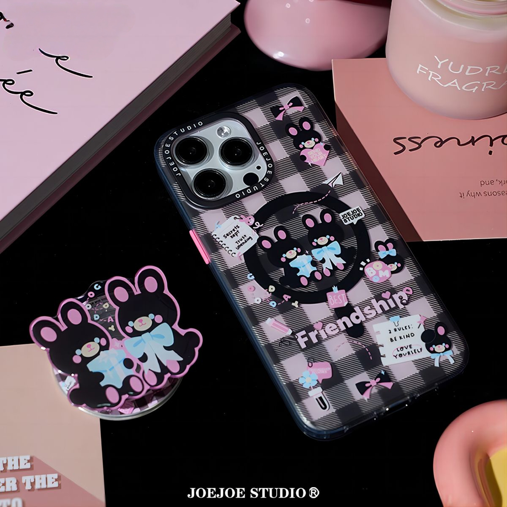 JOEJOE เคสโทรศัพท์ ลายกระต่ายแฝดสีดำ For Use กับ iPhone 16 Pro Max/15 Pro/14/13/12 ลายสก็อตสองชั้น น่ารักสดใส รองรับฟีเจอร์แม่เหล็ก สไตล์พรีเมียม
