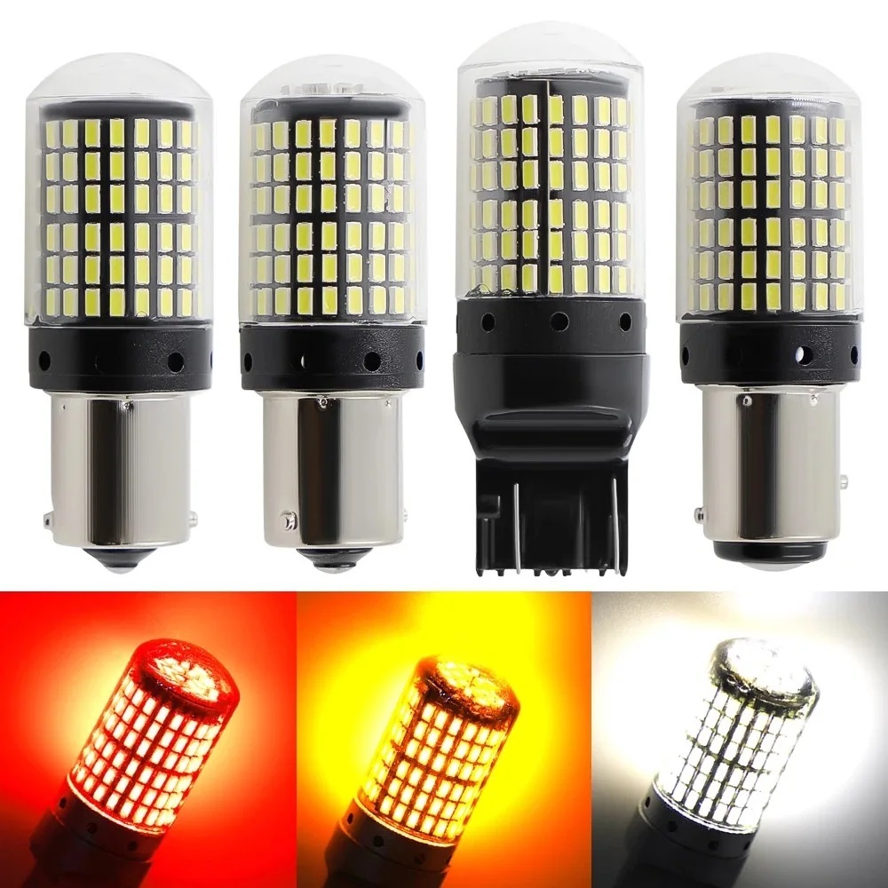 1156 1157 7440 T20 หลอดไฟ LED สีขาว/สีเหลืองอําพัน/สีแดง 144 SMD ไม่มีไฮเปอร์แฟลชหลอดไฟ LED สําหรับไฟเลี้ยวรถยนต์อัตโนมัติไฟย้อนกลับ.