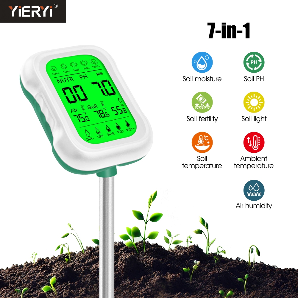 Yieryi 7-in-1 Multi functional Precision Soil Detector PH/อุณหภูมิสิ่งแวดล้อม/ความชื้น/อุณหภูมิดิน/อุณหภูมิความชื้น/แสงเหมาะสําหรับพืชสวนและ Agr
