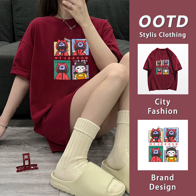 มาใหม่ เสื้อยืดคอกลมแขนสั้น สไตล์ig ลายสกรีนSquid Gameสี่ช่อง สุดน่ารักๆ cotton 100% YG613