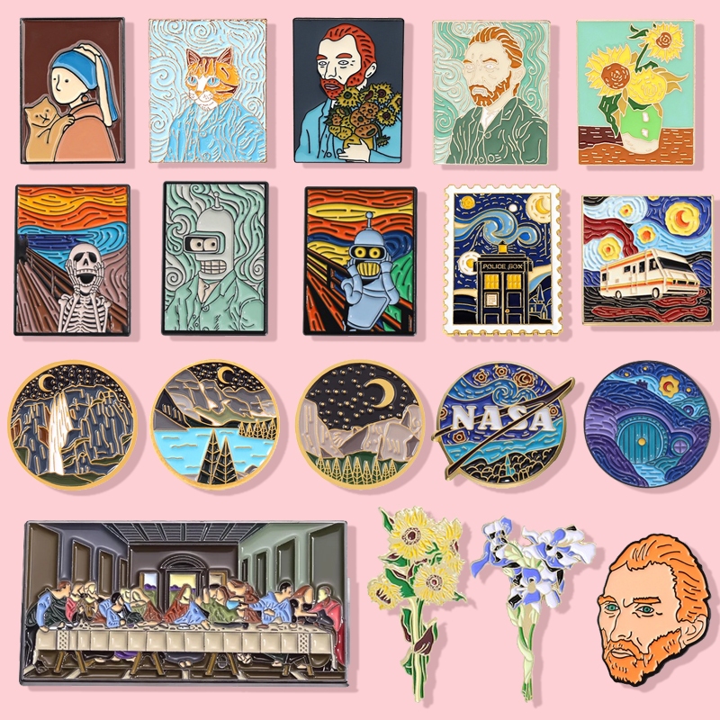เข็มกลัด รูปภาพวาดสีน้ํามัน รูป Van Gogh Series Lapel Pins Starry Sky 32 แบบ สําหรับของขวัญเพื่อน