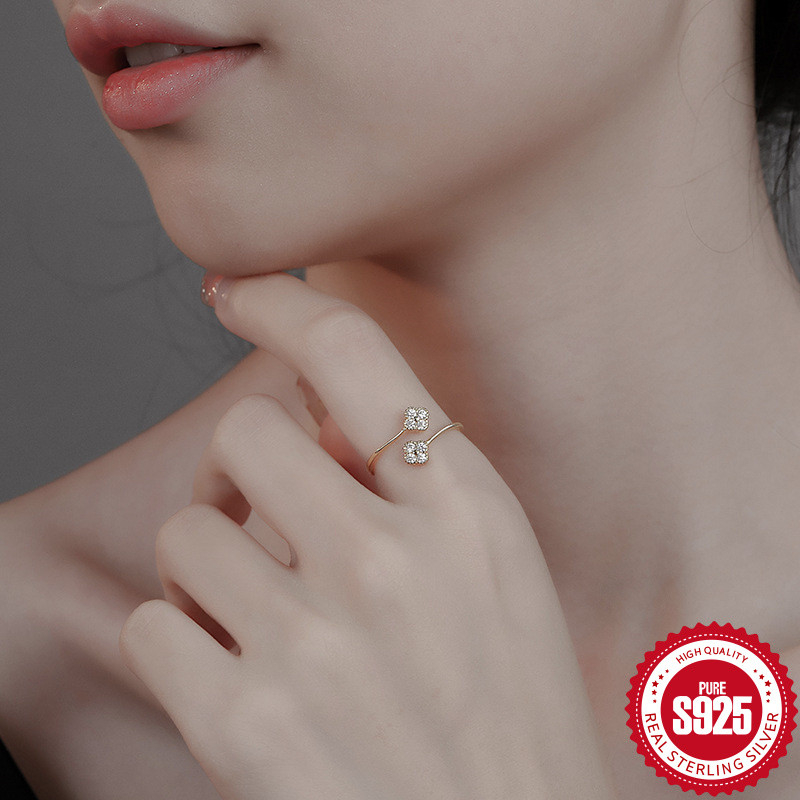 Venorix แหวนเงินแท้ [เงินอิงจริง S925] แหวนโคลเวอร์สี่ใบเปิดปรับได้