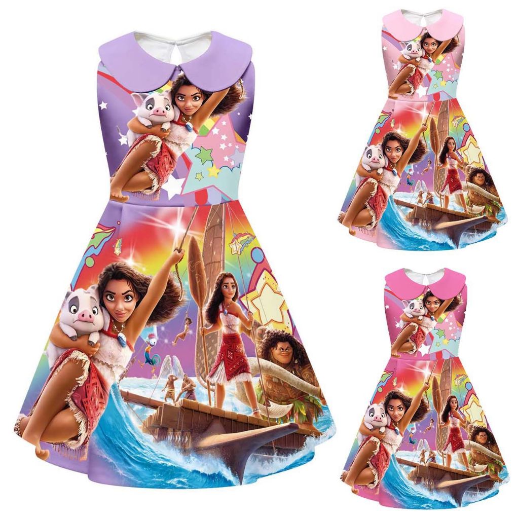 Moana Princess Dress Girls Vest Lapel Dress Summer Moana พิมพ์การ์ตูน