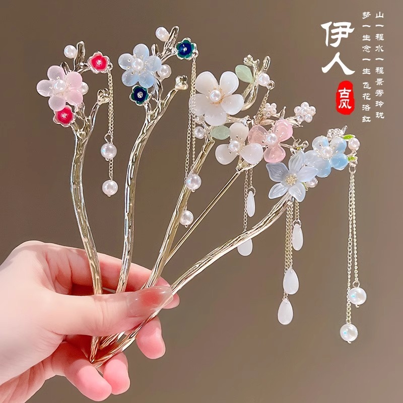 ก่อนดอกไม้ Moon Antique Hairpin Niche Simple Hairpin พู่ขั้นตอนเขย่า