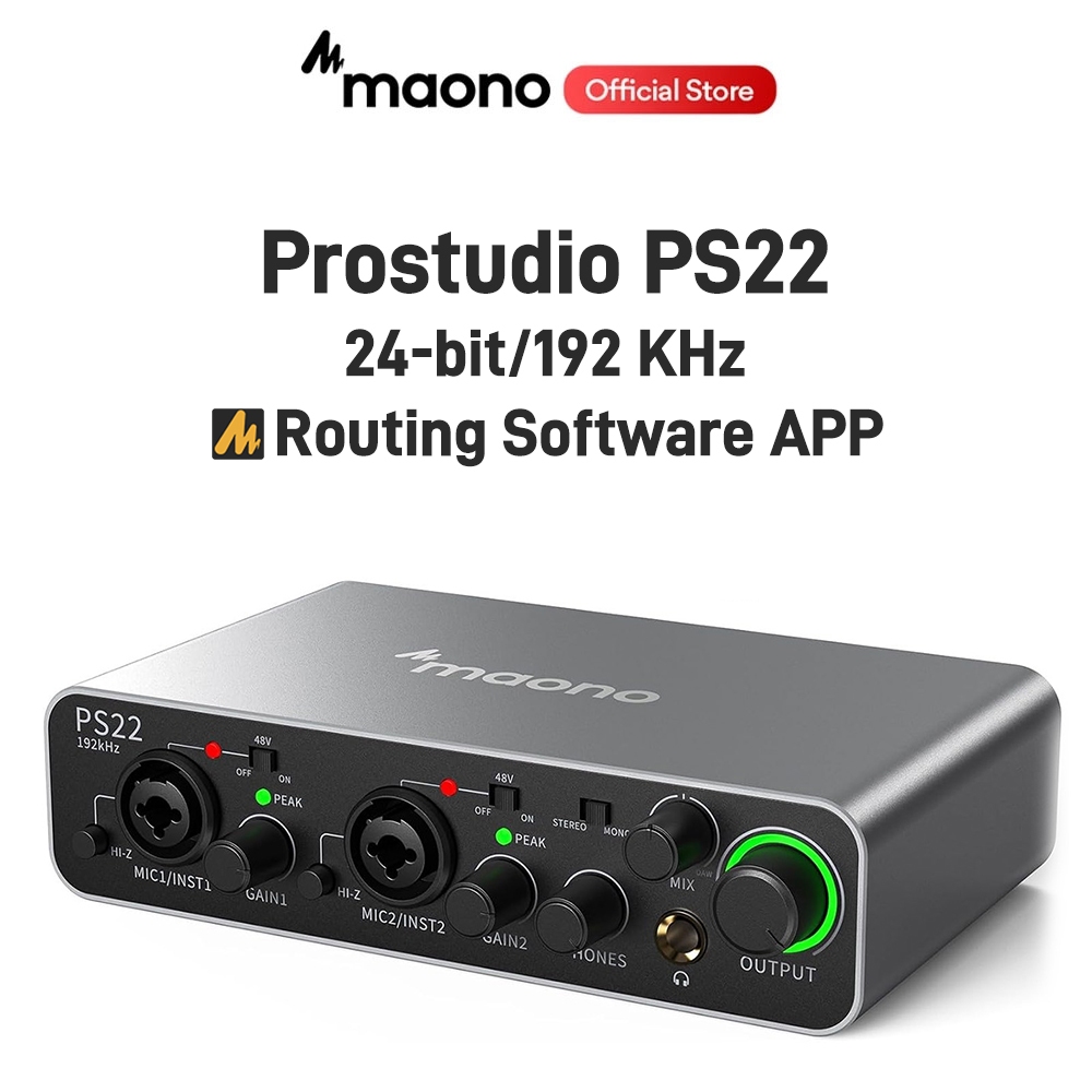 Maono PS22 อินเตอร์เฟซเสียง 24bit 192kHz อินเตอร์เฟซ USB คู่ สําหรับ PC และโทรศัพท์ เครื่องผสมเสียง พร้อมซอฟต์แวร์เร้าติ้ง สตรีมมิ่ง พอดคาสต์ บันทึกเสียงในบ้าน ผลิตเพลง