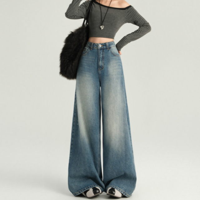 Laterme S-6XL ผู้หญิง แฟชั่นเกาหลี กางเกงยีนทรงกระบอกใหญ่