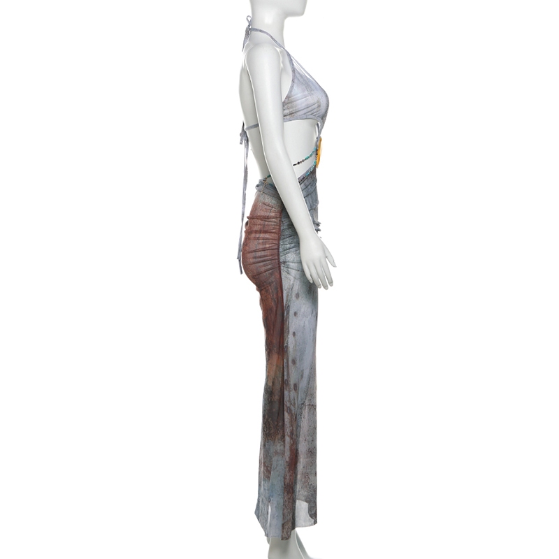 แปลก Puss Tie Dry Halter ชุดเดรสไม่สม่ําเสมอปิดไหล่ Patchwork Hollow Out รูปเอว Hip-Covering ด้านข้าง Slit Casual แฟชั่นสไตล์อเมริกัน - รูปที่ 6