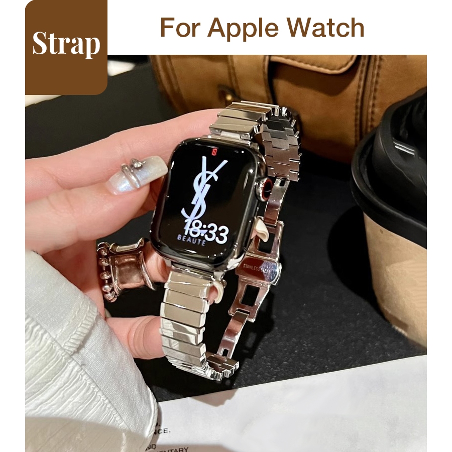 สุภาพสตรีไม่สม่ําเสมอหัวเข็มขัดผีเสื้อ Non-Fading สแตนเลสโปร่งใสสําหรับ Apple Watch S11 SE3 Ultra3 S10 S9 S8 SE S7 S6 Ultra 49 มม.46 มม.40/44/41/45 มม.Iwatch Band