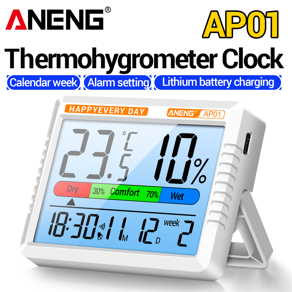 Aneng AP01 เครื่องวัดอุณหภูมิเครื่องวัดความชื้น Backlight Air อุณหภูมิอิเล็กทรอนิกส์เครื่องวัดความชื้นนาฬิกาปลุกชาร์จเครื่องมือทดสอบ
