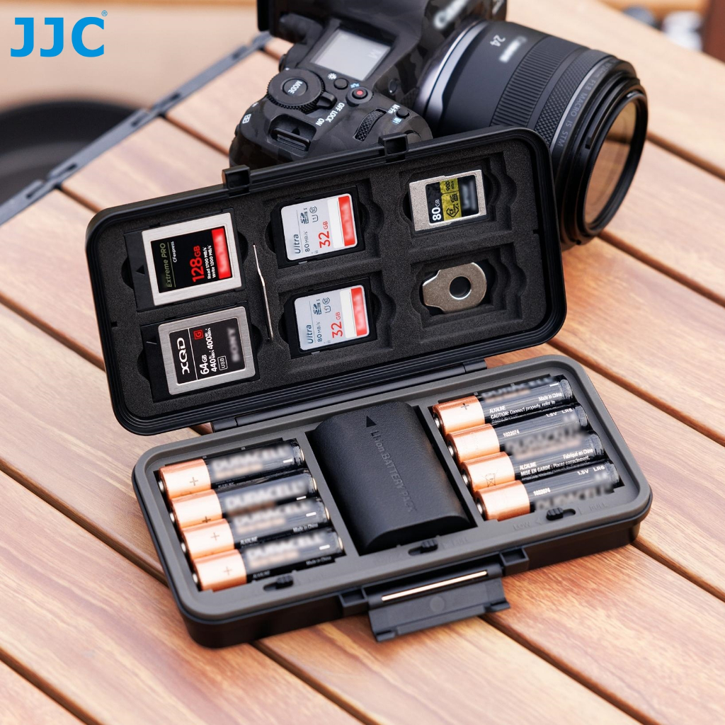 JJC กล่องใส่แบตกล้อง กล่องใส่การ์ดหน่วยความจำแบตเตอรี่ AA สำหรับ Canon LP-E6 Sony NP-FZ100 NPW235 EN-EL15 DMW-BLF19 BLX-1 สําหรับ SD CFexpress Type-A Type-B XQD Card
