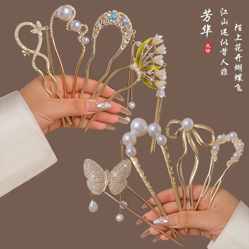 ใหม่สไตล์จีนพู่ u-Shaped Hairpin หญิง High-End หรูหรากระพริบเพชร Hairpin โบราณม้วน Hairpin Classy Headdress