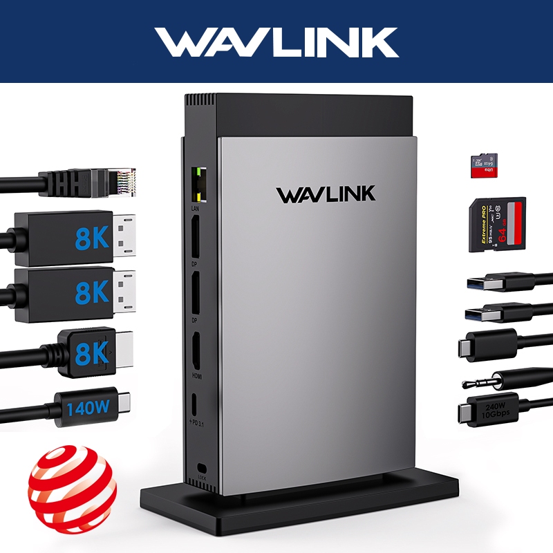 Wavlink 11 IN 1 Docking Station สําหรับแล็ปท็อป 8K Displayport * 2 + 8K HDMI Triple Display USB C Hu