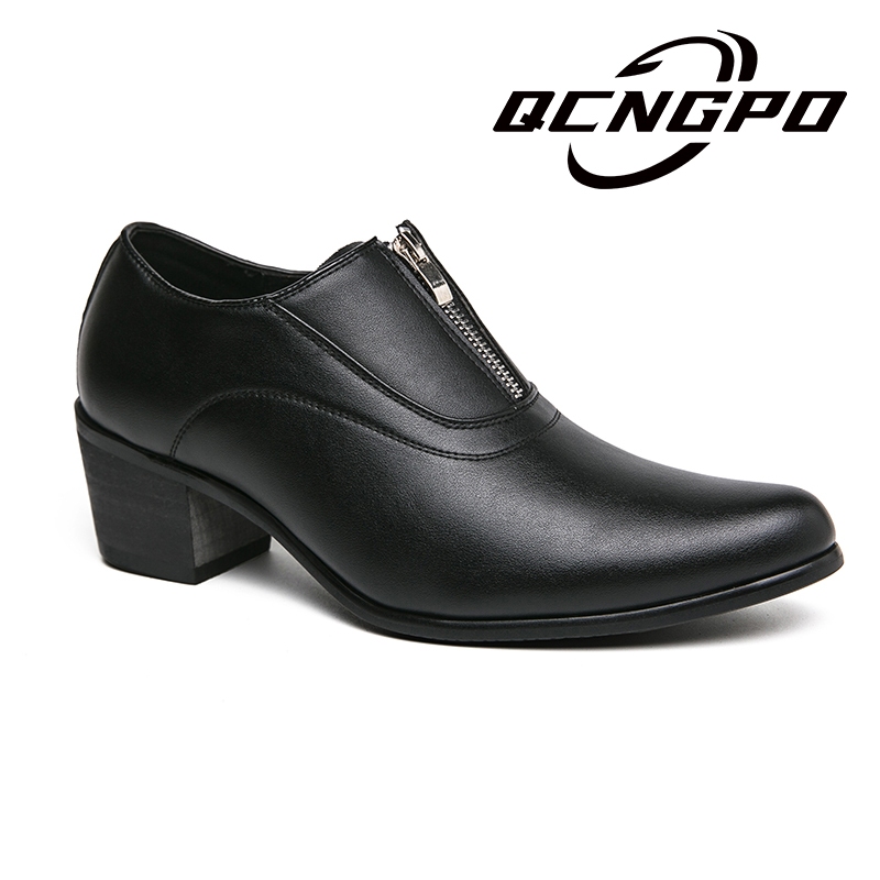 รองเท้าโลฟเฟอร์ลําลอง หนัง แต่งซิป สีดํา ขนาด 6 ซม. สําหรับผู้ชาย เหมาะกับงานแต่งงาน ปาร์ตี้