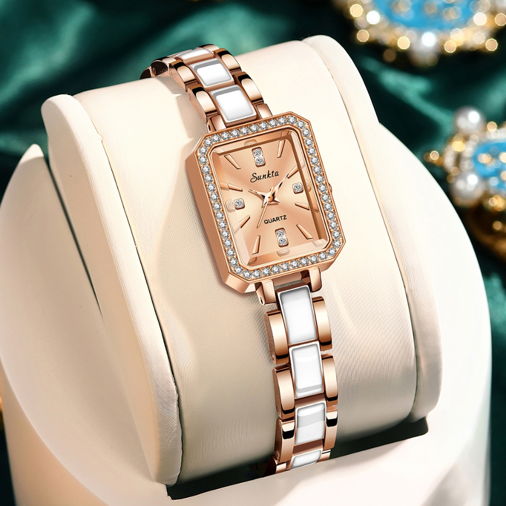 Lige x Sunkta นาฬิกาผู้หญิง Diamond Retro กันน้ําควอตซ์แฟชั่นนาฬิกาสุภาพสตรี