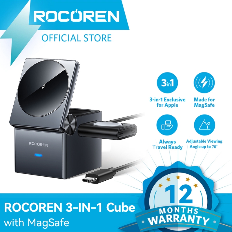 Rocoren 3-in-1 Cube ชาร์จ 15W Fast Charging ที่ชาร์จไร้สายแบบพับได้เข้ากันได้กับ Iphones Watch Pods
