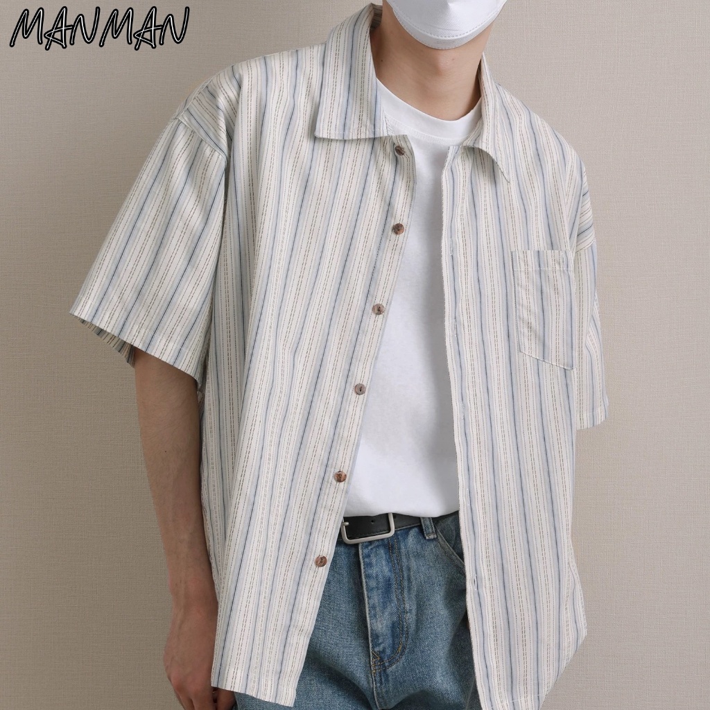 M&M เสื้อเชิ้ตลายทางสำหรับผู้ชาย สดใส แขนห้าส่วน ความรู้สึกของวัยรุ่น หลวมแมทช์ลุคง่าย