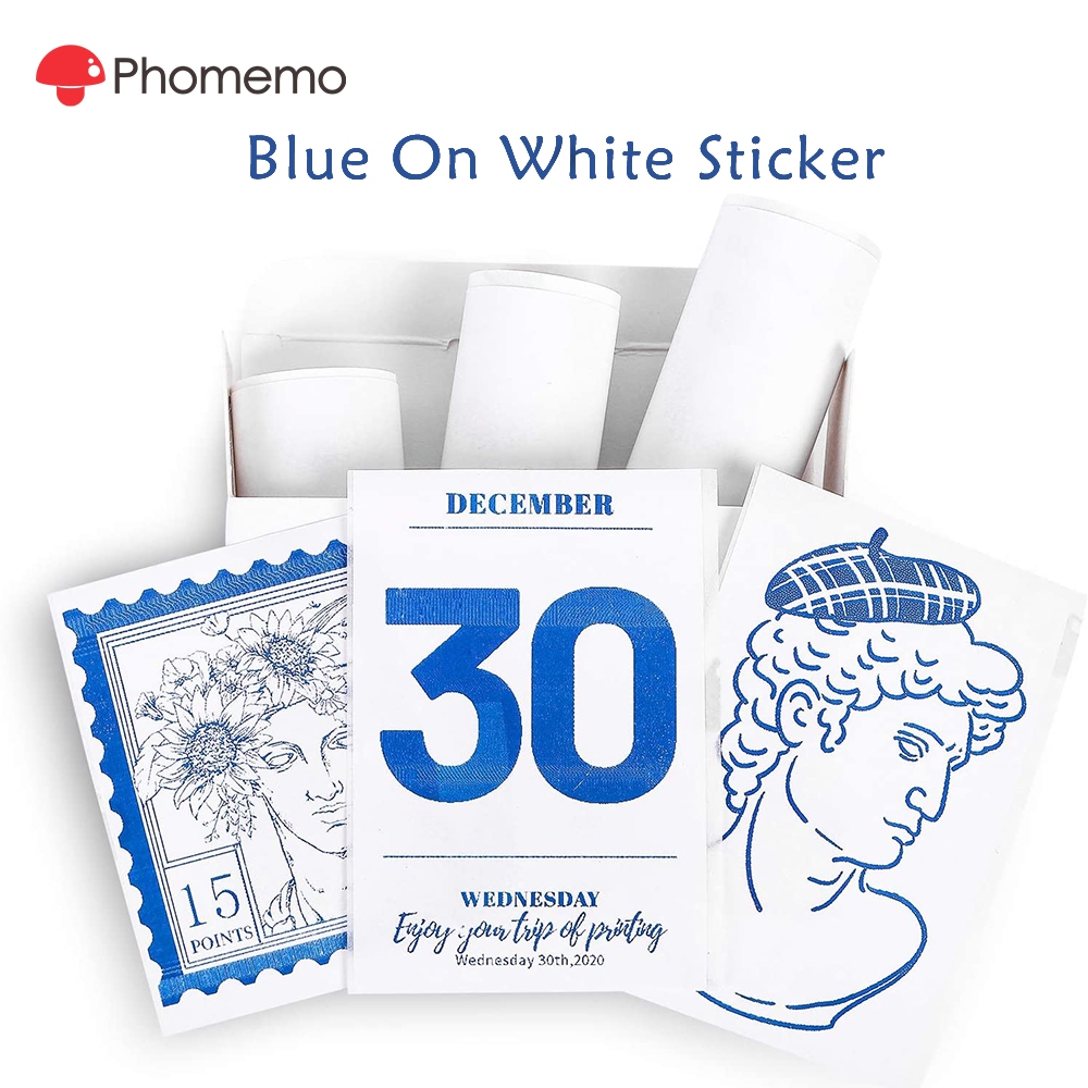Phomemo 50 มม.สีฟ้าสีขาวสติกเกอร์ความร้อนสําหรับ T02 M02 M03 M04S M04AS เครื่องพิมพ์ (3 ม้วน)