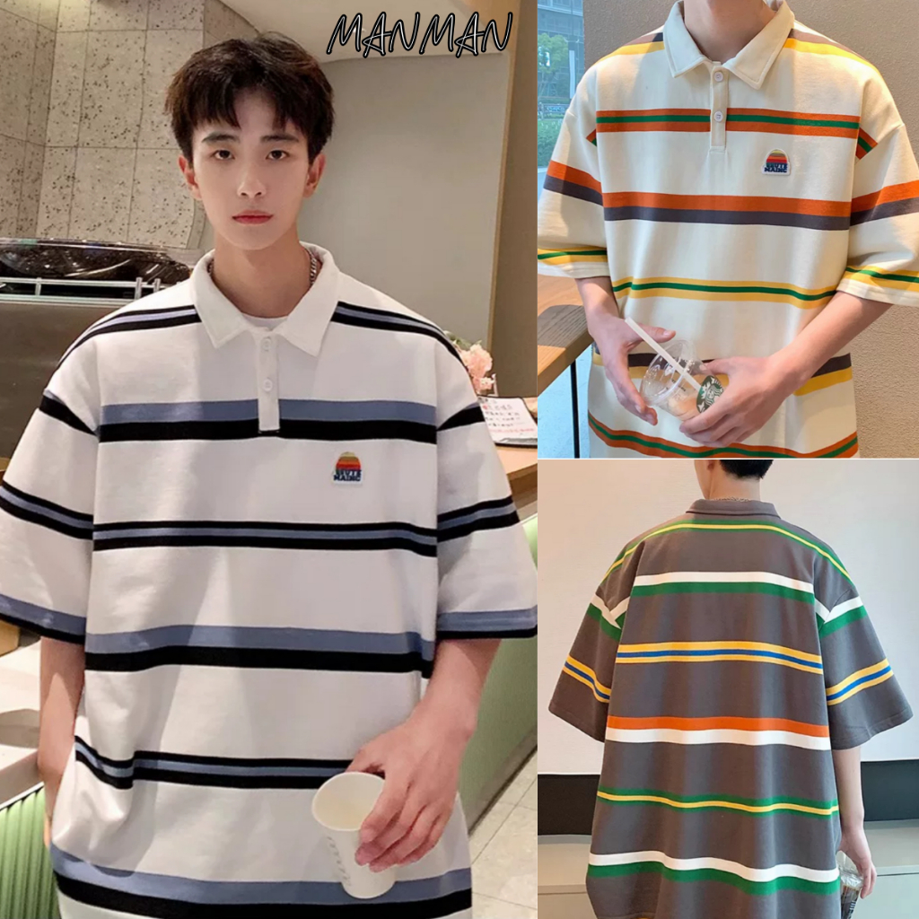 M&M เสื้อโปโลผู้ชาย สไตล์อเมริกัน อินเทรนด์แนววินเทจ สีตัดกัน ลายทาง ปกพับ