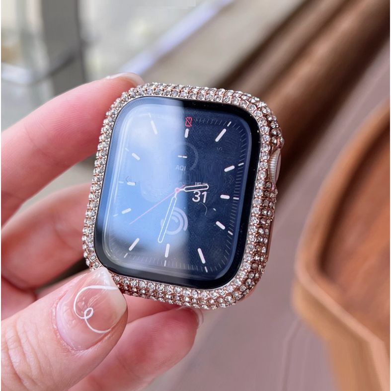 คลุมทั้งหมด Bling Diamond Protective Shell Compatible For i Watch Case สําหรับ Watch Series11 10 9 8 7 654321Se, ultra Case ขนาด 42mm 46mm 41mm 45mm 40mm 44mm For iWatch Case Bumper Tempered Glass Shell Compatible For  i Watch Cover
