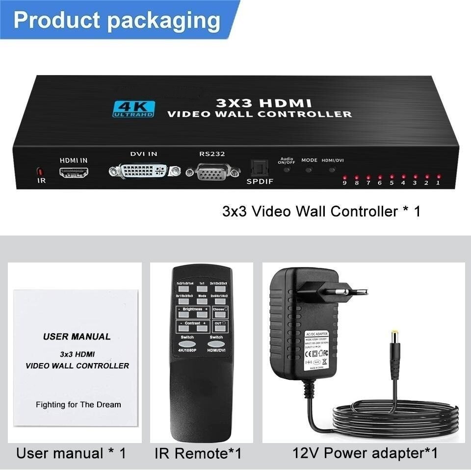 3x3 Video Wall Controller 4K HDMI DVI TV Wall Controller โปรเซสเซอร์ 3x3 2x3 2x4 4x2 LCD 9 หน้าจอ Sp