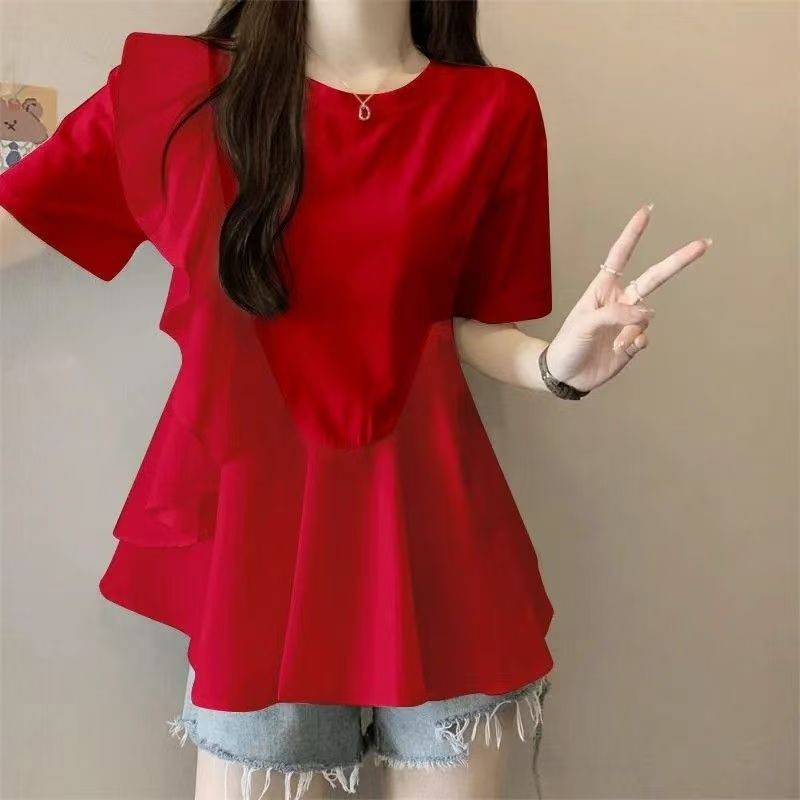 ใหม่รอบคอแฟชั่นแขนสั้นเสื้อยืดผู้หญิงหลวม น่าระทึกใจ สูงสุด
