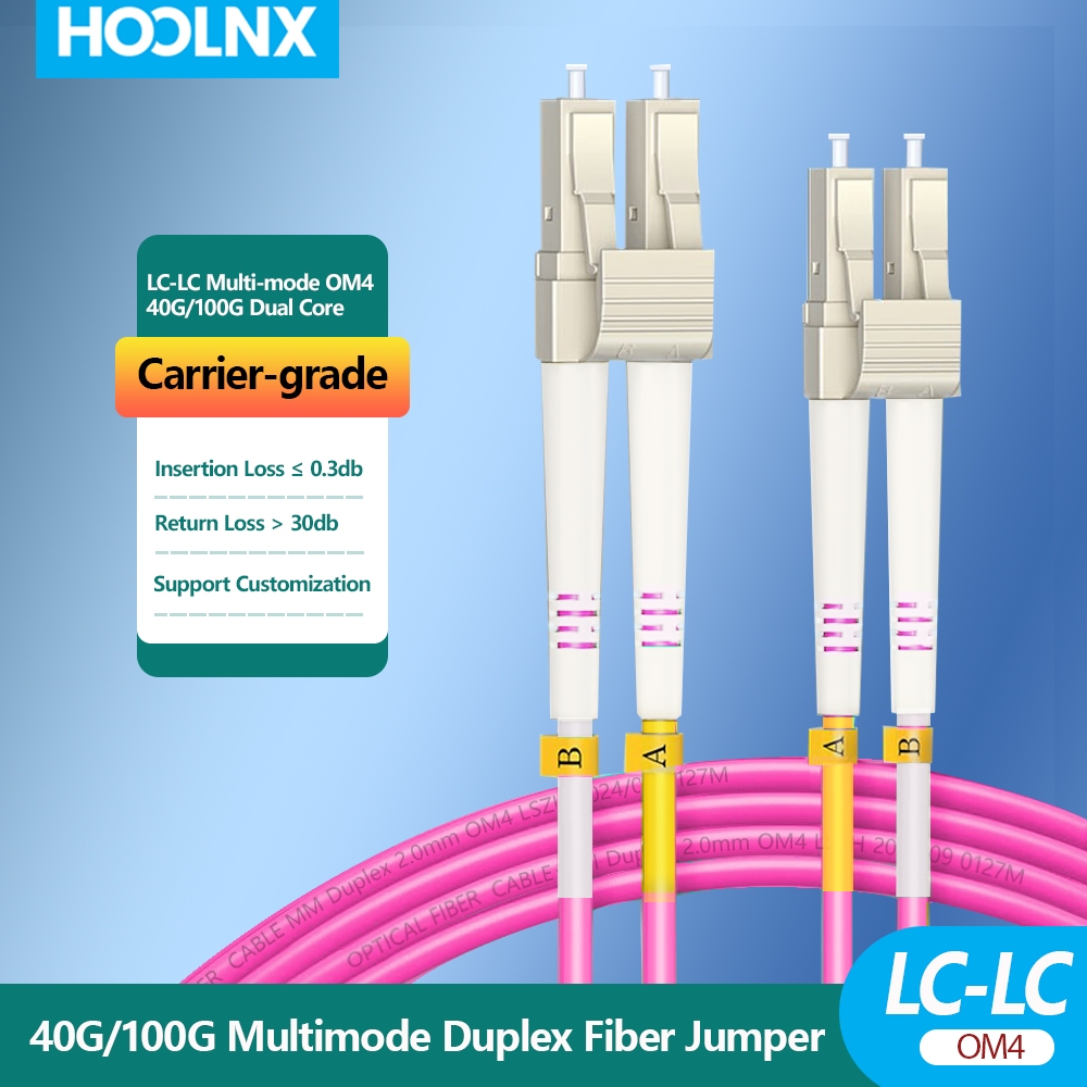 HOOLNX สายไฟเบอร์ OM4 กันสัญญาณรบกวน [40Gbps+LSZH] - แพ็ค 1 เส้น ยาว 1-100เมตร | LC to LC UPC Duplex