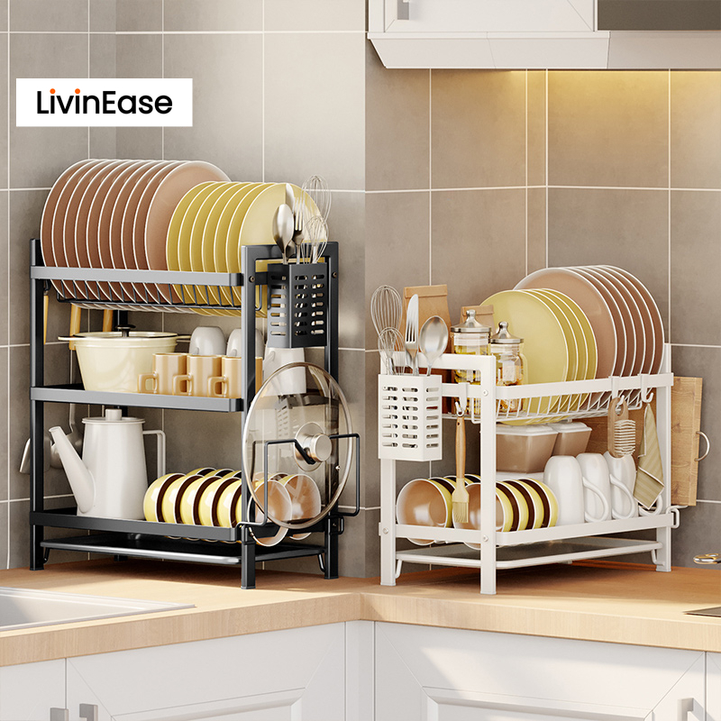 LivinEase ชั้นวางจาน 2/3 ชั้น ชั้นวางจานในครัวพร้อมถาดรองน้ำหยด สไตล์โมเดิร์น