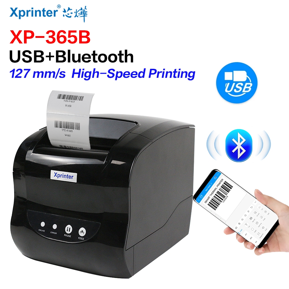 Xprinter 365B 50 มม. 80 มม. ป้ายเครื่องพิมพ์ + ใบเสร็จ Bluetooth Barcode Sticker เครื่องพิมพ์ความร้อ