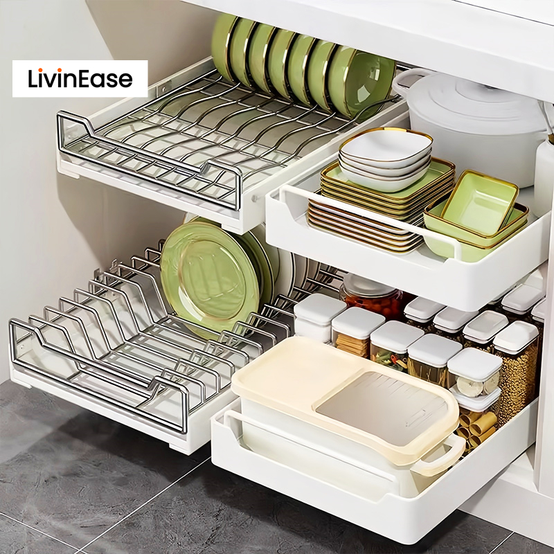 Livinease ชั้นวางจาน ตู้เก็บเครื่องปรุงบิวท์อิน ชั้นวางจานแบบลิ้นชักพร้อมรางเลื่อน ชั้นวางของในครัว – โปรปัง