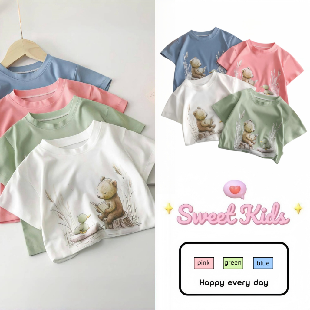 SweetKids พร้อมส่งจากกทม🌸แขนสั้นเด็ก🍓เสื้อยืด การ์ตูนหมีด้านบน ใหม่สําหรับฤดูร้อน หลวมและสะดวกสบาย