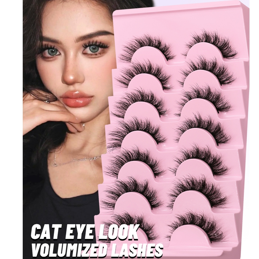 Groinneya Eyelashes 7 คู่ Fluffy Lashes Wispy Natural Cross Cat Eye Lashes Extension แต่งหน้า