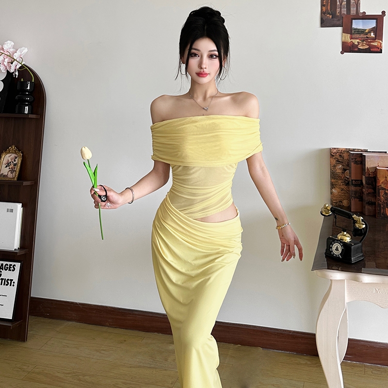 แปลก Puss ตาข่ายชุดไม่สม่ําเสมอ Slash-คอแขน Patchwork รูปเอว Hollow Out Hip-Covering ดู Slimmer สไตล